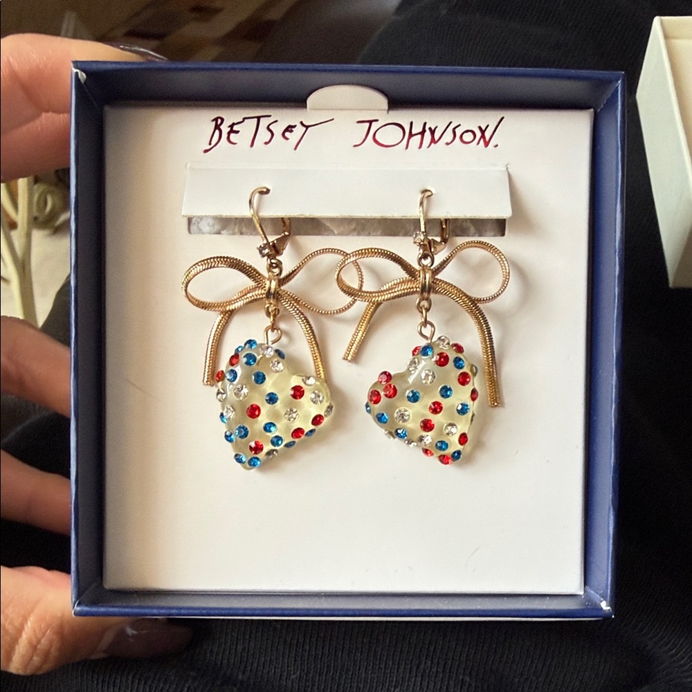 Betsey Johnson Gold Bow Heart Earrings with Red and Blue Rhinestones